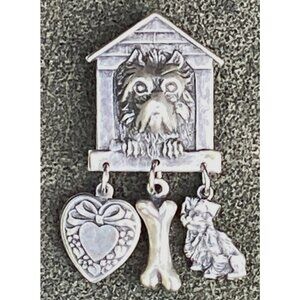 Silver Tone Terrier Dog in Doghouse Brooch Pin with Dangle Charms